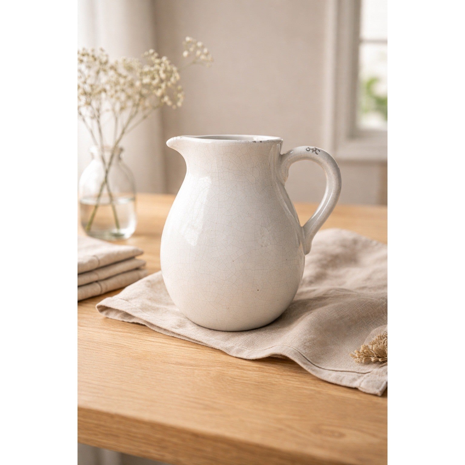 Vintage White Crackle Pitcher Distressed Ceramic Rustic Farmhouse Decor