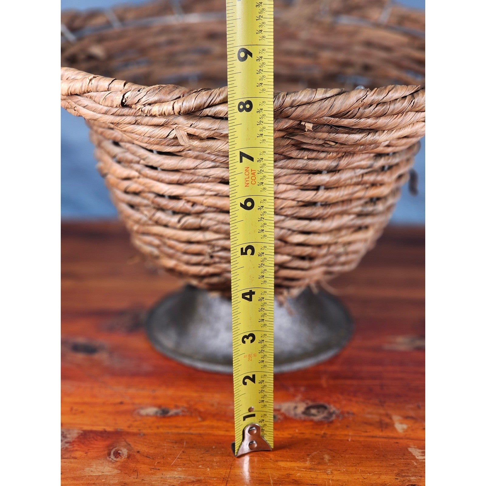 Vintage Woven Basket on Metal Pedestal Base | Rustic Farmhouse Decor |