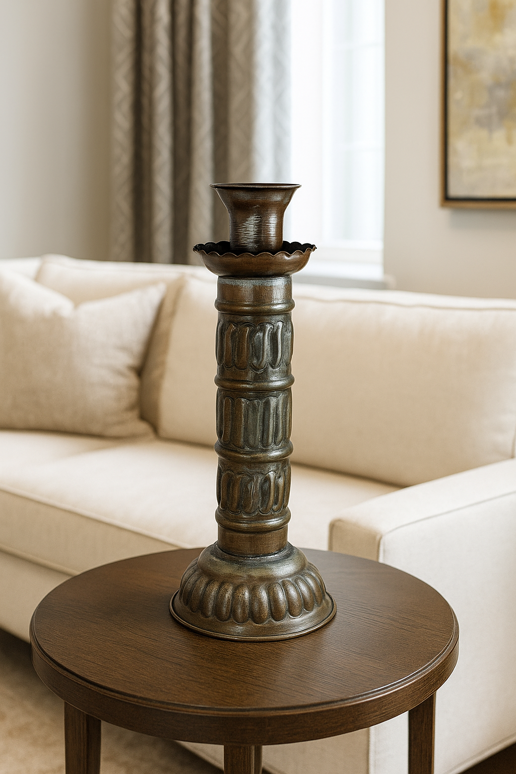 Antique Tinned Copper Candlestick Holder Ornate Embossed Design 12" Tall