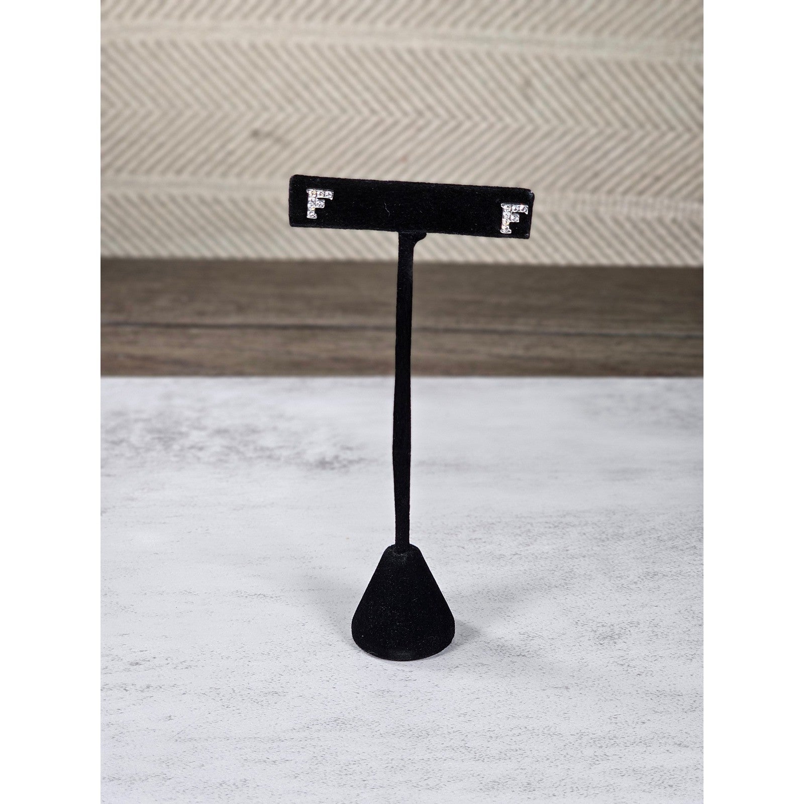 Vintage Rhinestone F Stud Earrings Silver Tone Initial Letter Posts