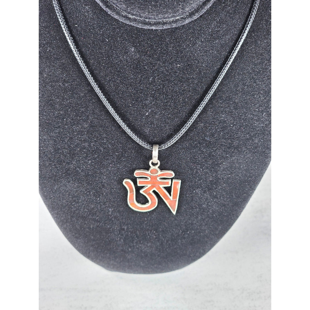 Vintage Sterling Silver Om Pendant Necklace Red Inlay Symbol