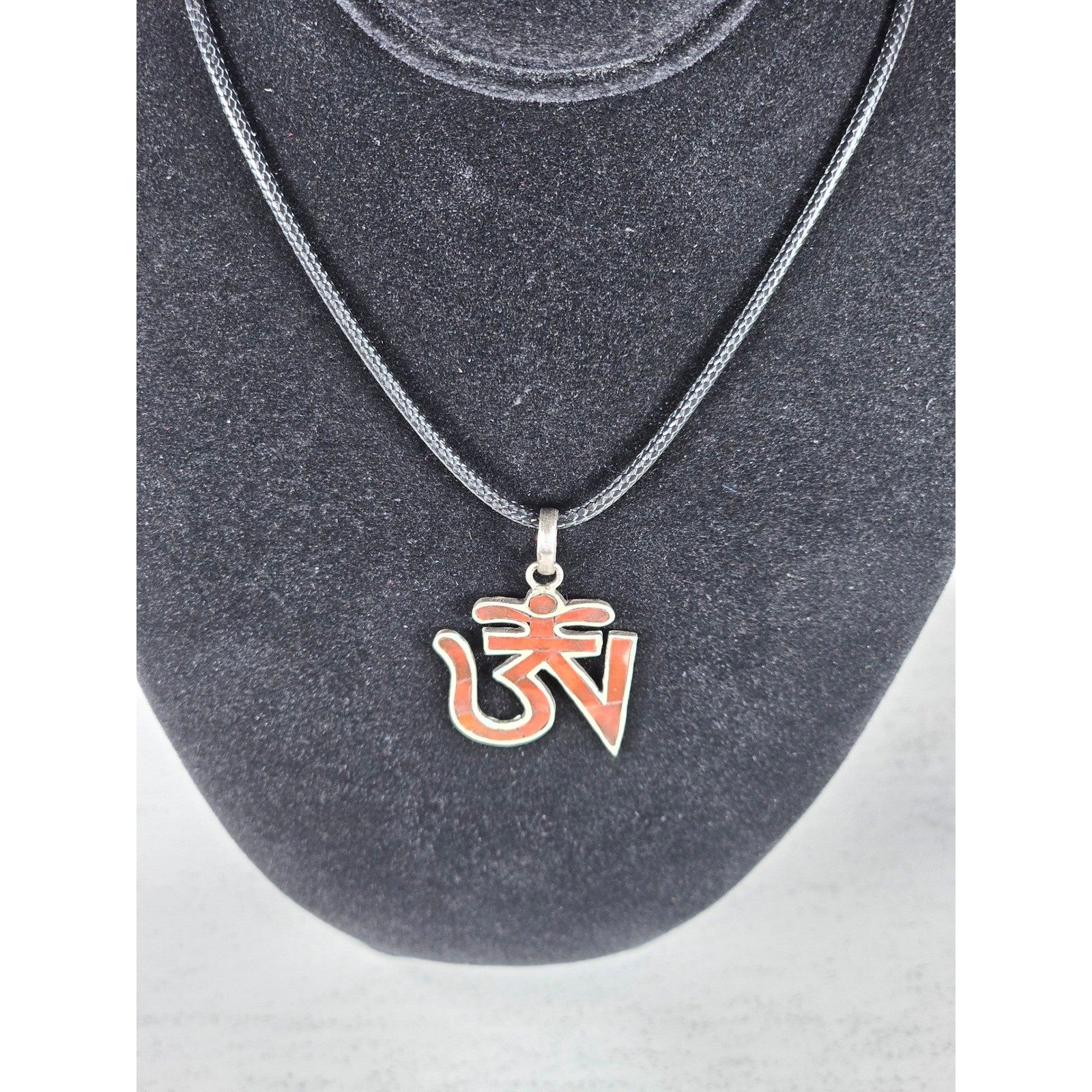 Vintage Sterling Silver Om Pendant Necklace Red Inlay Symbol