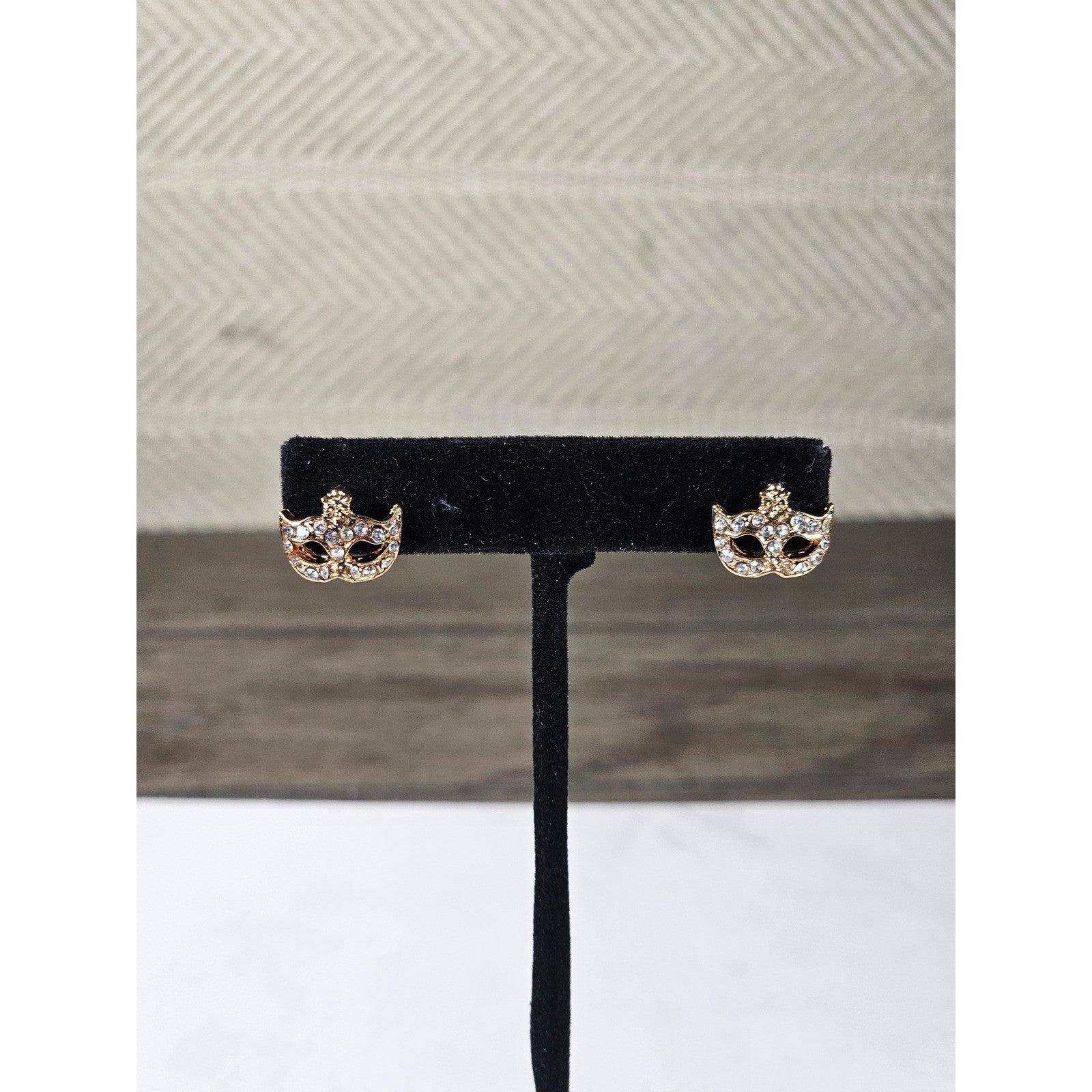 Vintage Gold Tone Mask Stud Earrings Mardi Gras Rhinestone