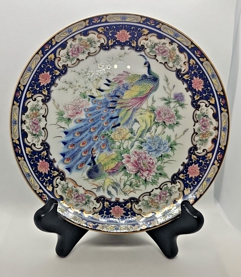 Vintage Asahi Japan Peacock Plate Blue Floral Porcelain Decorative Art