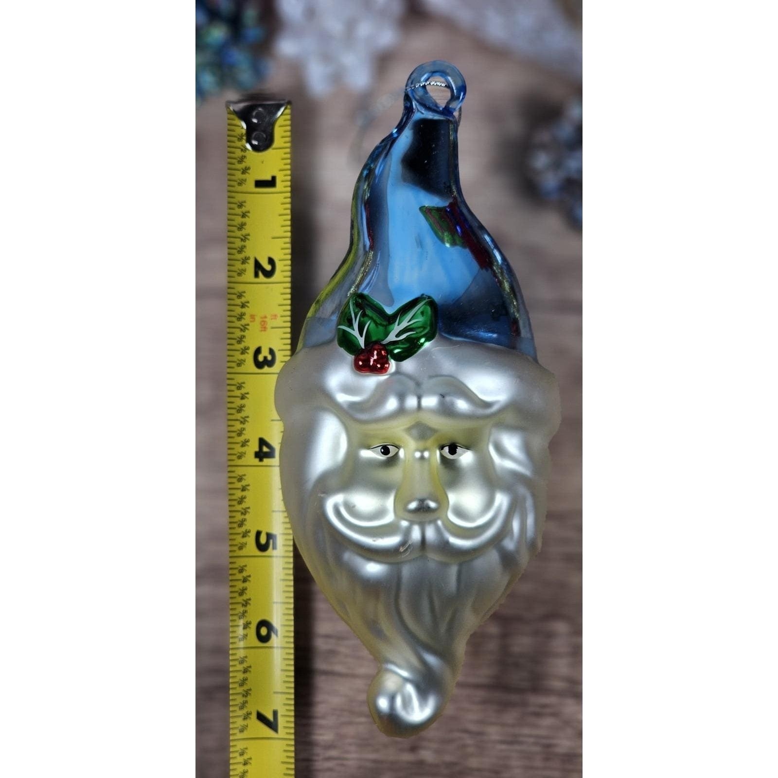Vintage Glass Santa Ornament Blue Hat 1970s Handblown 7 Inch
