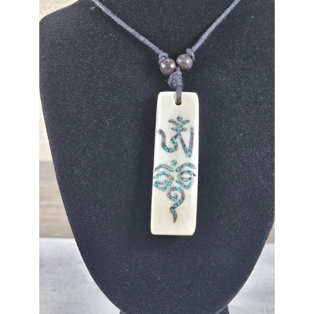 Vintage Carved Om Pendant Necklace Turquoise Inlay Rectangular