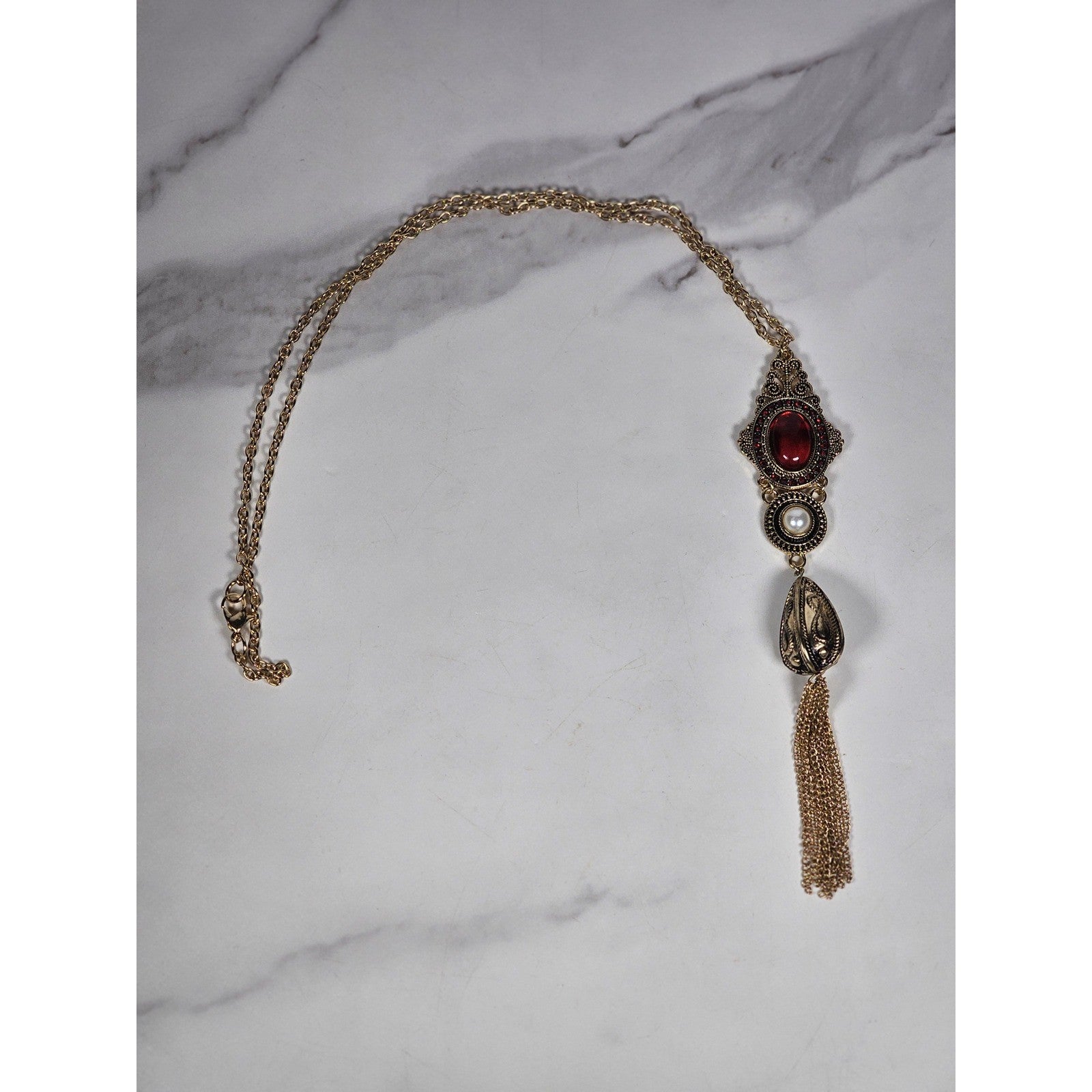 Vintage Gold Tone Red Cabochon Necklace with Faux Pearl Tassel Pendant