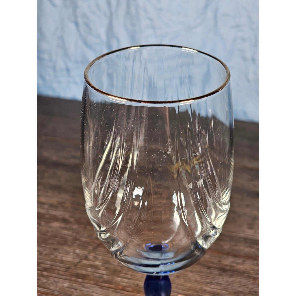 Vintage Blue Stem Wine Glass Clear Etched Bowl 8 Inch Goblet