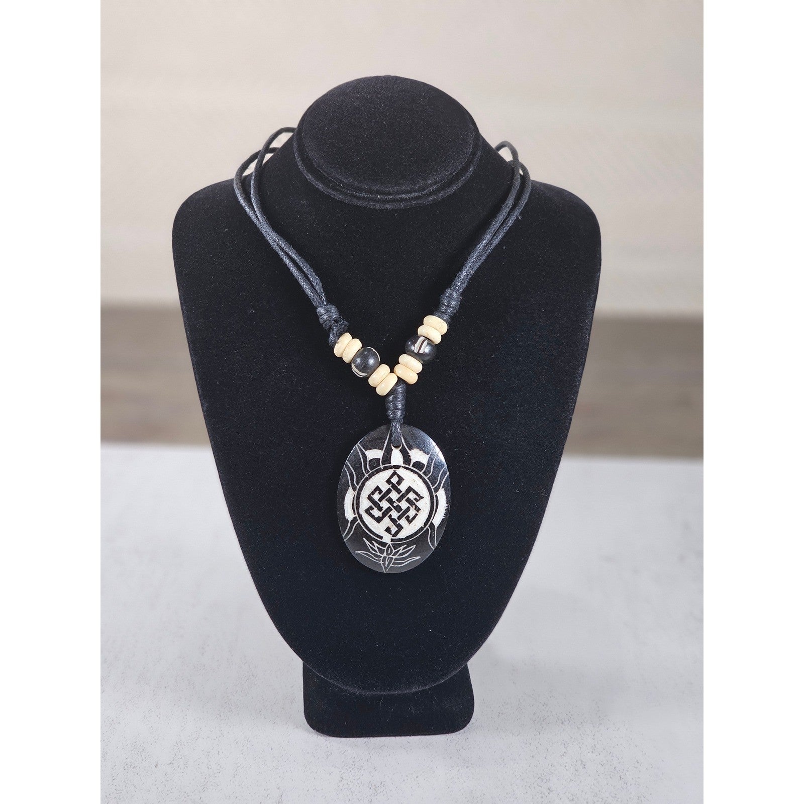 Vintage Carved Symbol Pendant Necklace Black Cord Beaded Adjustable