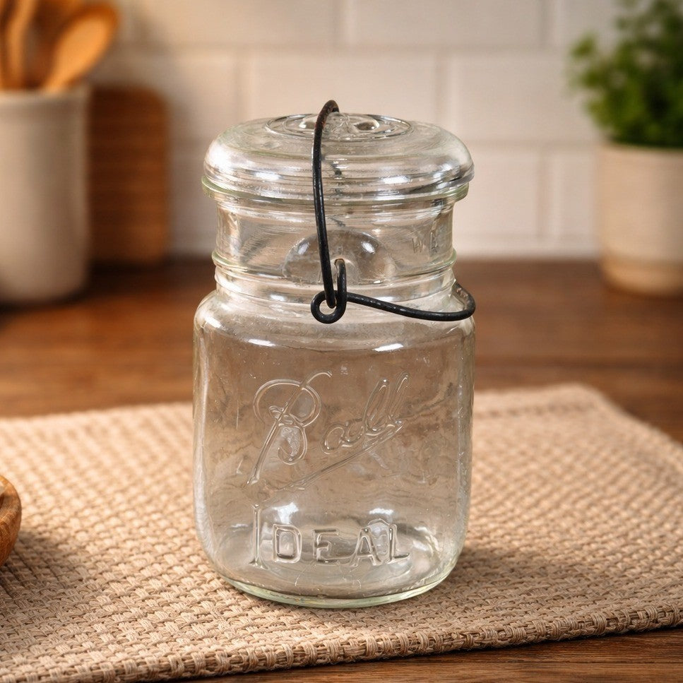 Vintage Ball Ideal Mason Jar 1 Pint Wire Bail Lid 5x3 Glass Jar