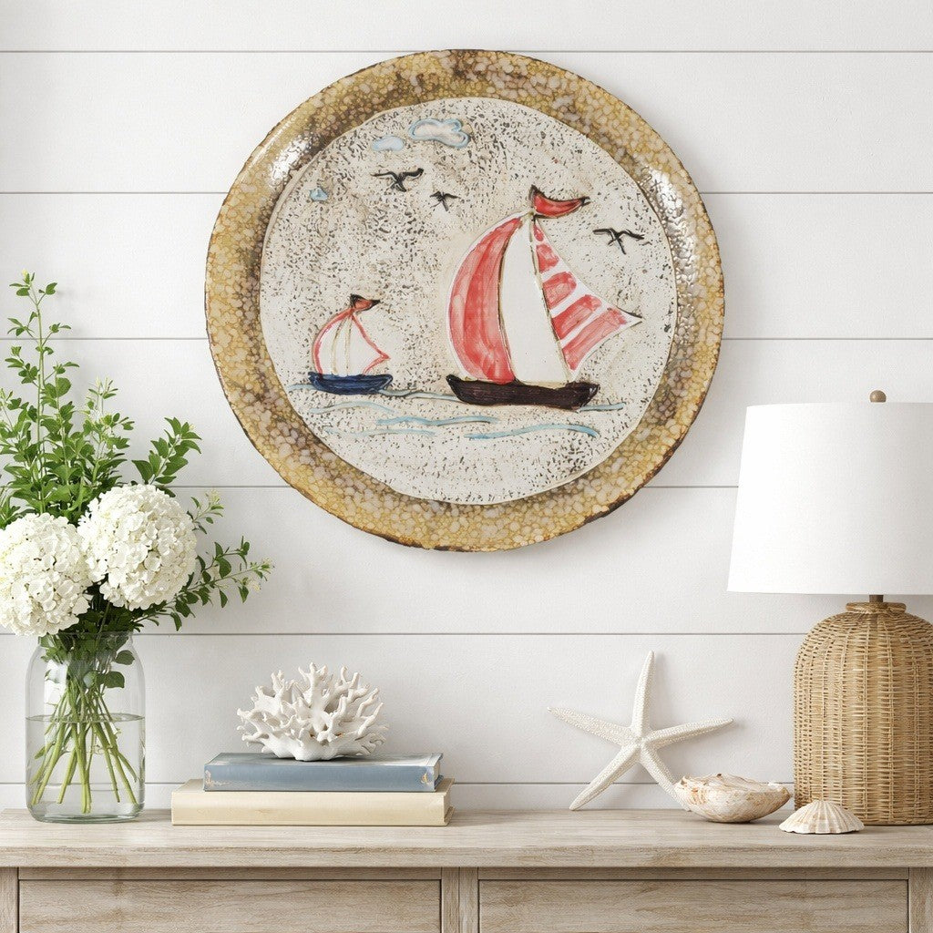 Vintage Nautical Sailboat Ceramic Plate Coastal Wall Decor 15"