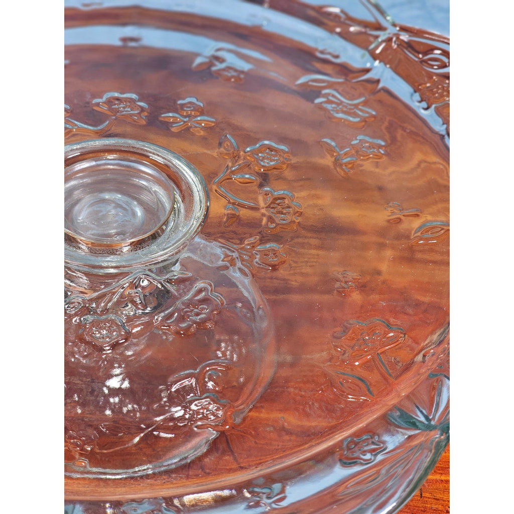 Vintage Clear Glass Cake Stand with Floral Embossed Design