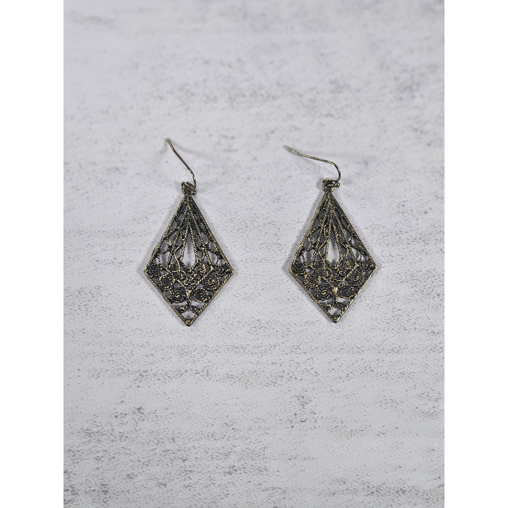 Vintage Filigree Dangle Earrings Diamond Floral Drop Brass Tone
