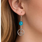 Vintage Sterling Silver Peace Sign Dangle Earrings Blue Bead .925