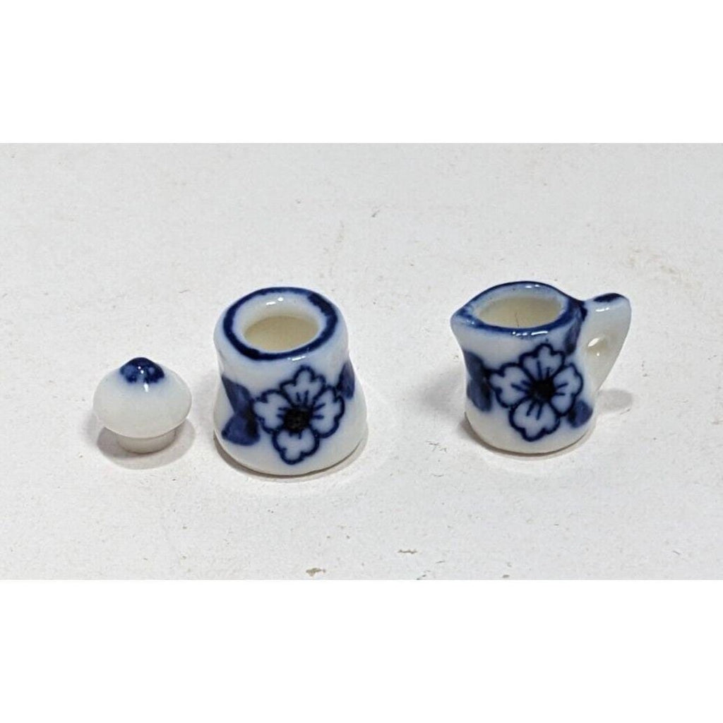 Dollhouse Miniature Coffee Set Blue White Ceramic 1:12 with Stand