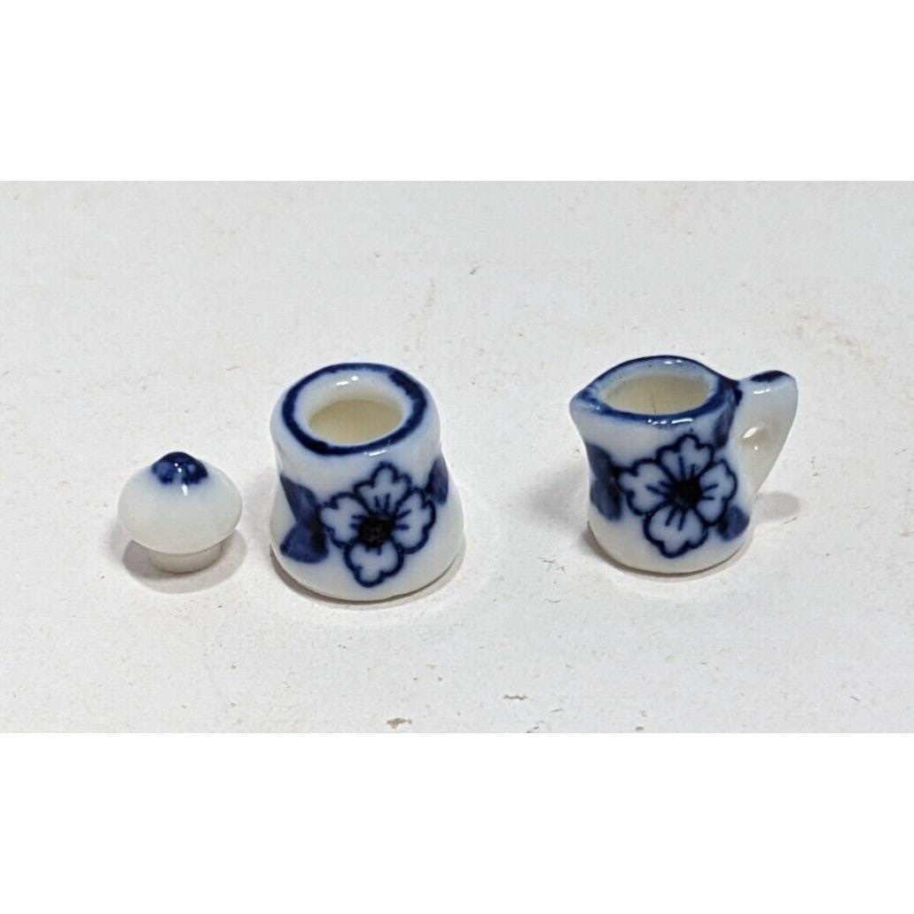 Dollhouse Miniature Coffee Set Blue White Ceramic 1:12 with Stand