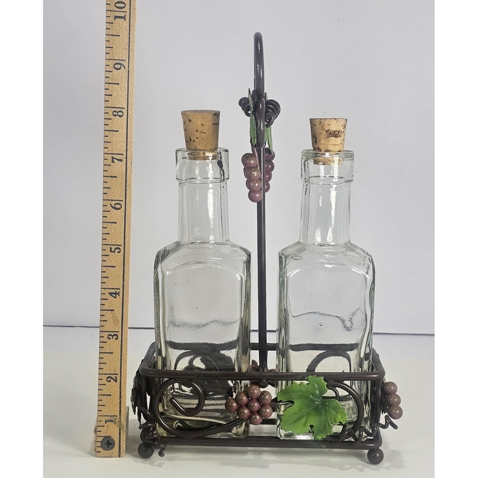 Vintage Oil Vinegar Cruet Set Glass Bottles Metal Caddy