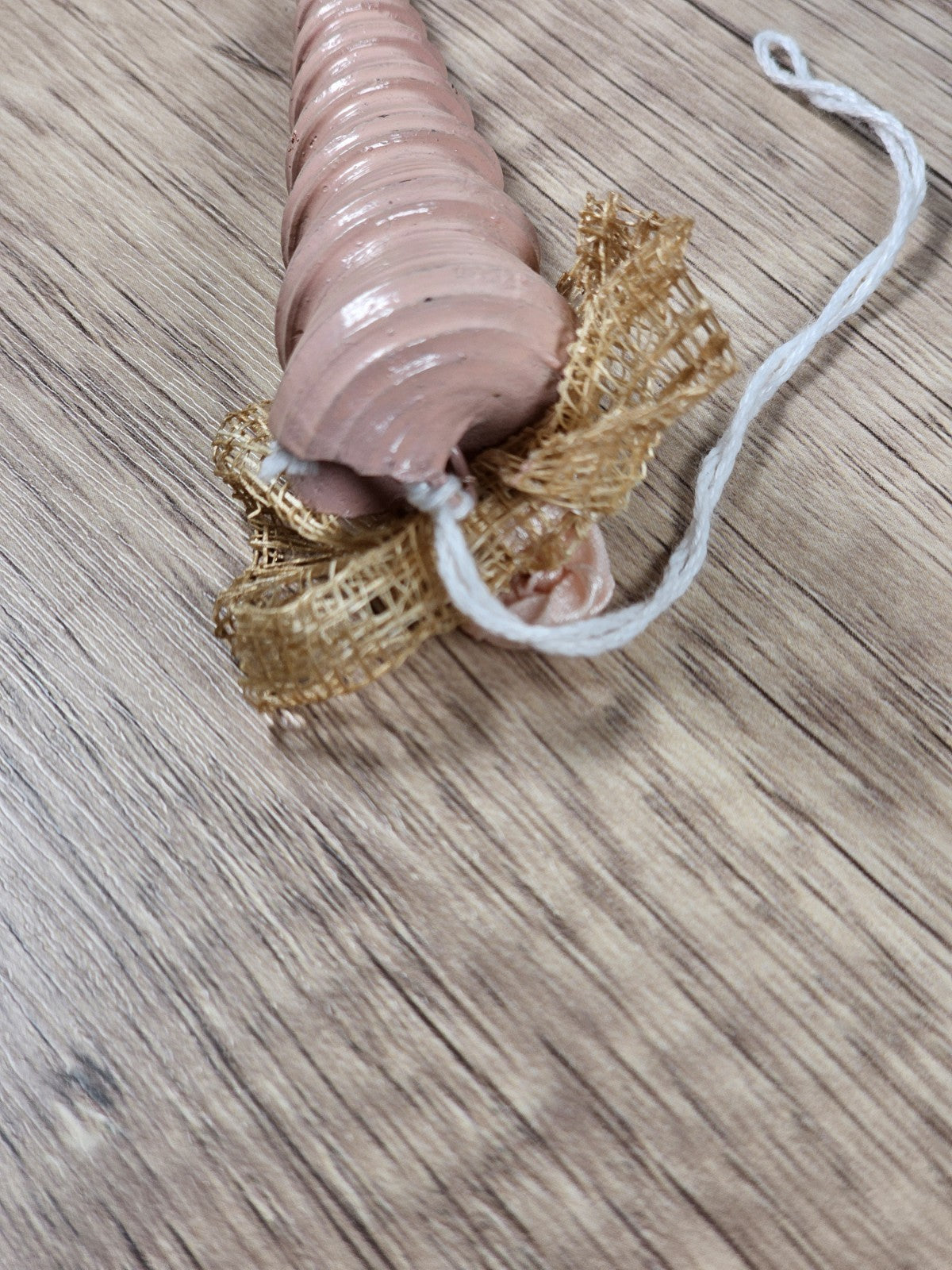 Vintage 90s Pink Auger Shell Ornament With Gold Bow & Rose Decoration 4"