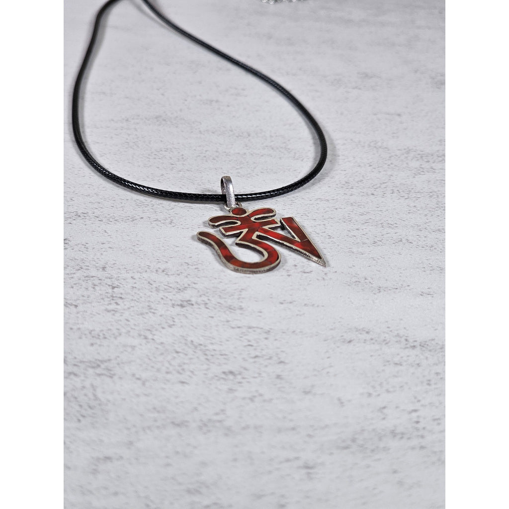 Vintage Sterling Silver Om Pendant Necklace Red Inlay Symbol