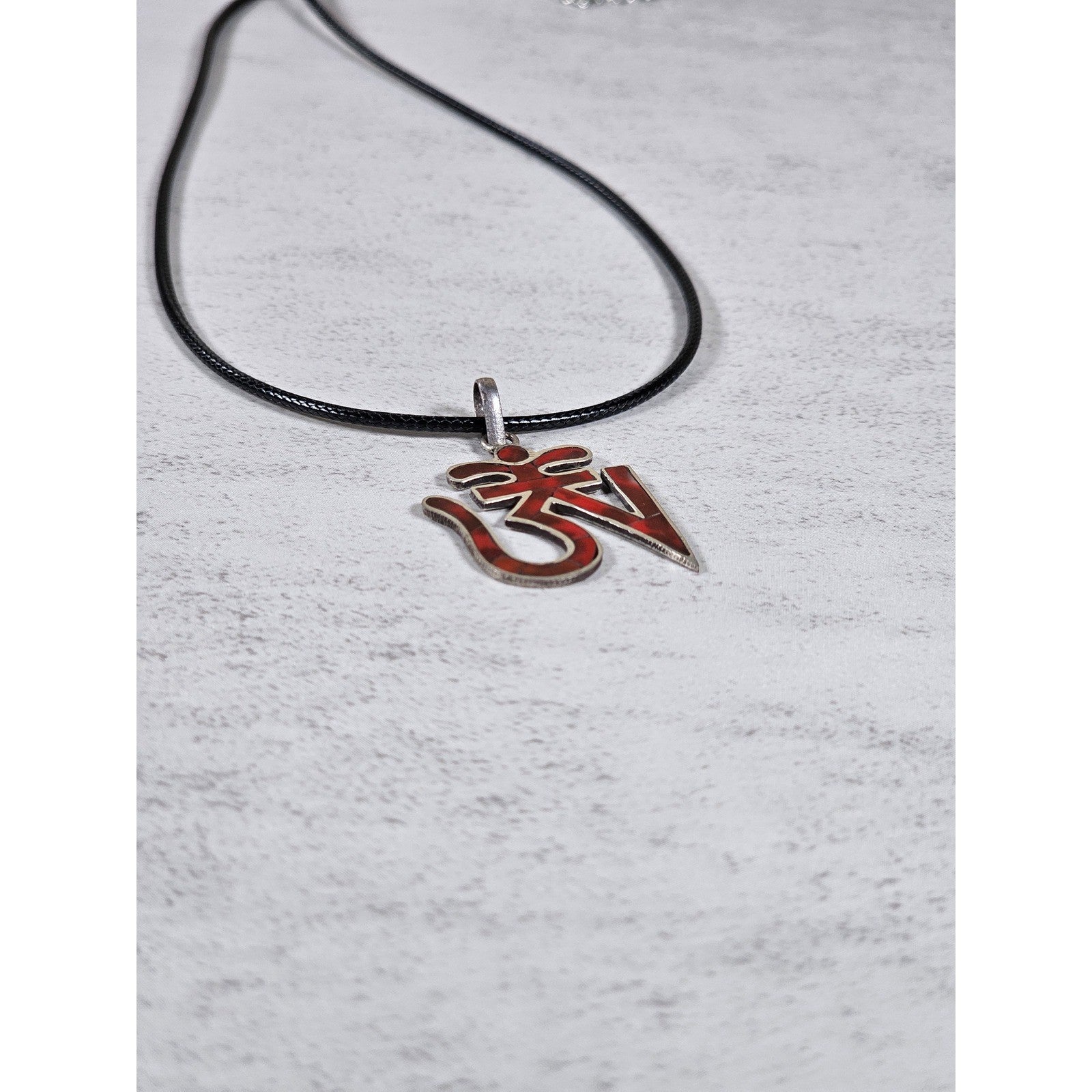 Vintage Sterling Silver Om Pendant Necklace Red Inlay Symbol