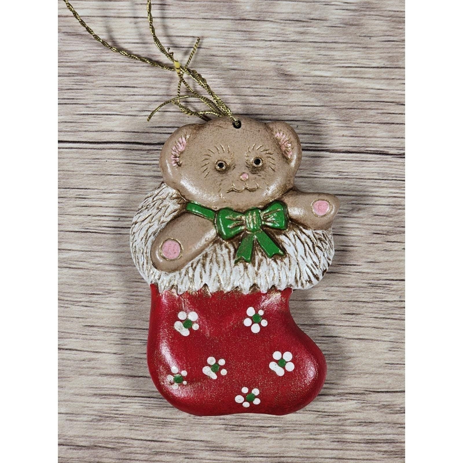 Teddy Bear Stocking Ornament Vintage Christmas Pottery Decor