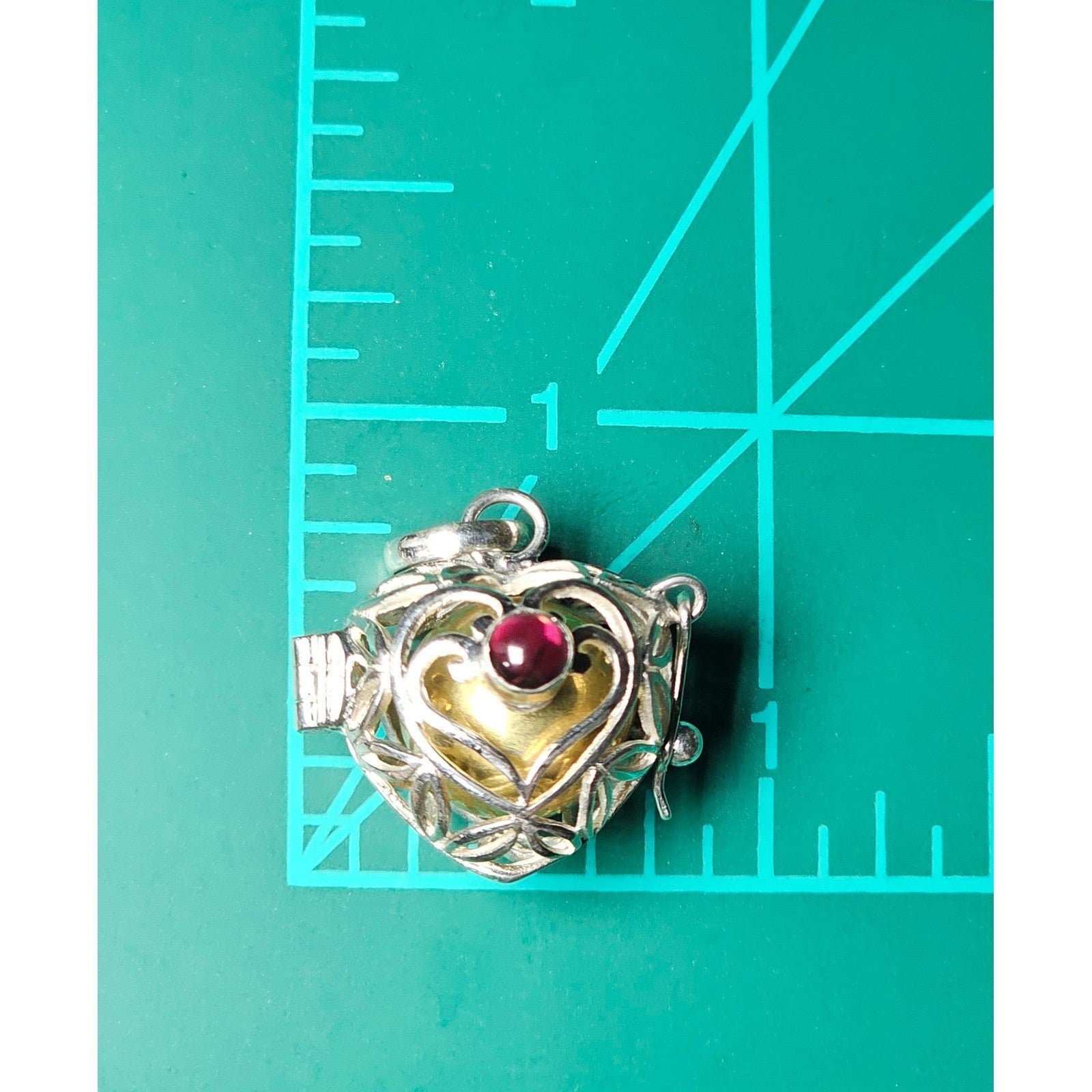 Vintage Heart Cage Locket Pendant With Red Cabochon Accent