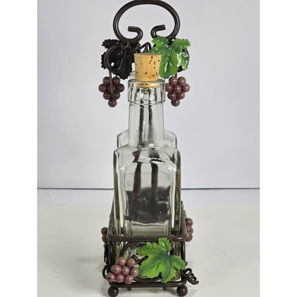 Glass Oil and Vinegar Cruet Set with Cork Stoppers and Metal Grape Caddy