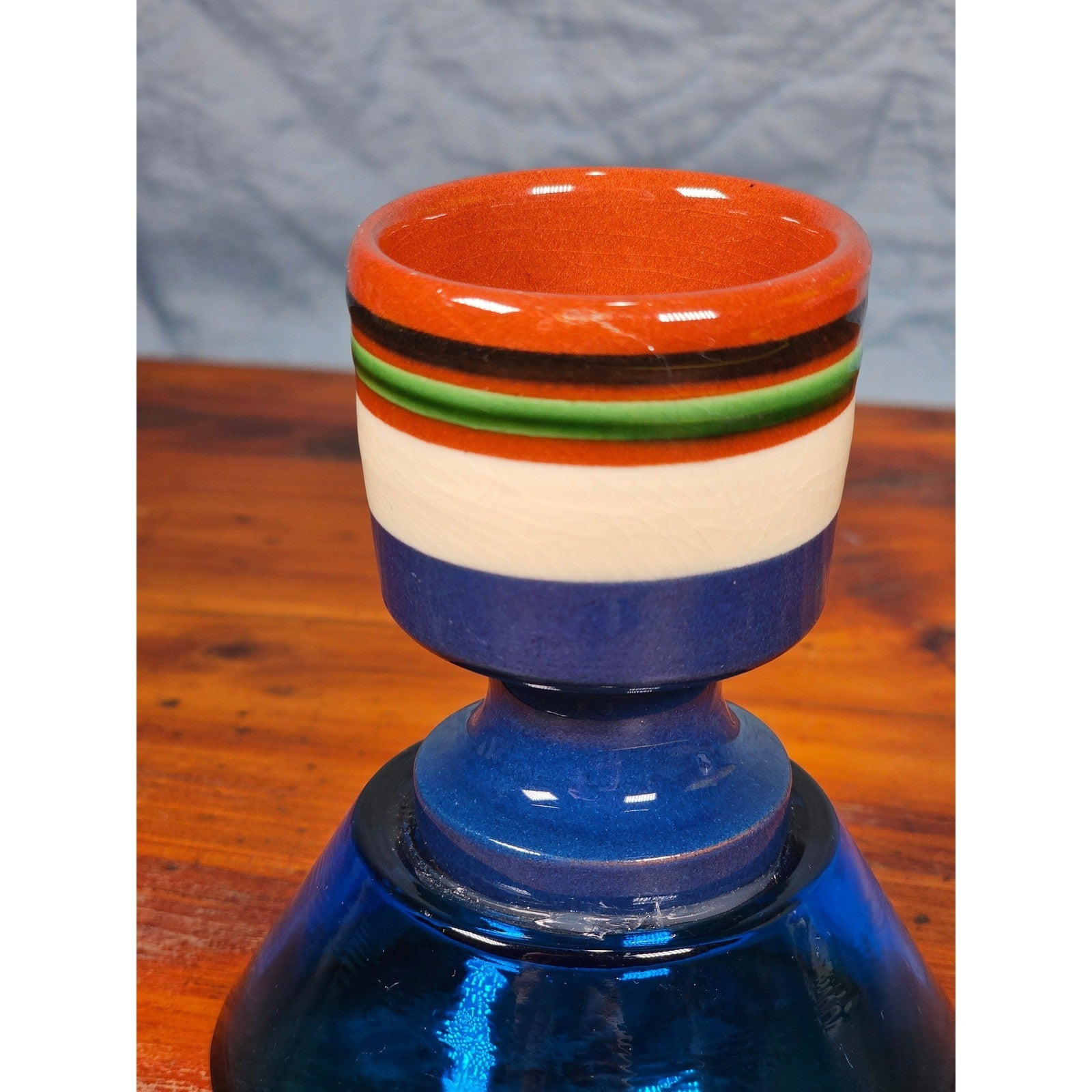 Vintage Nittsjo Sweden Egg Cup Blue Glass Base Hand Painted Ceramic Top