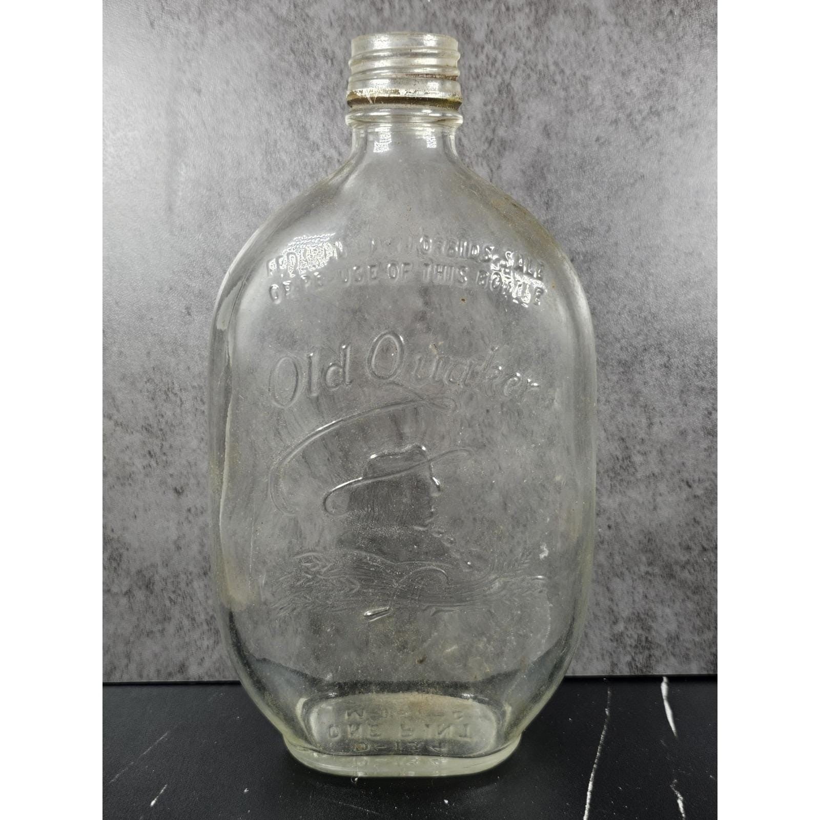 Vintage Old Quaker Whiskey Bottle Pint Clear Glass Embossed Bar Decor