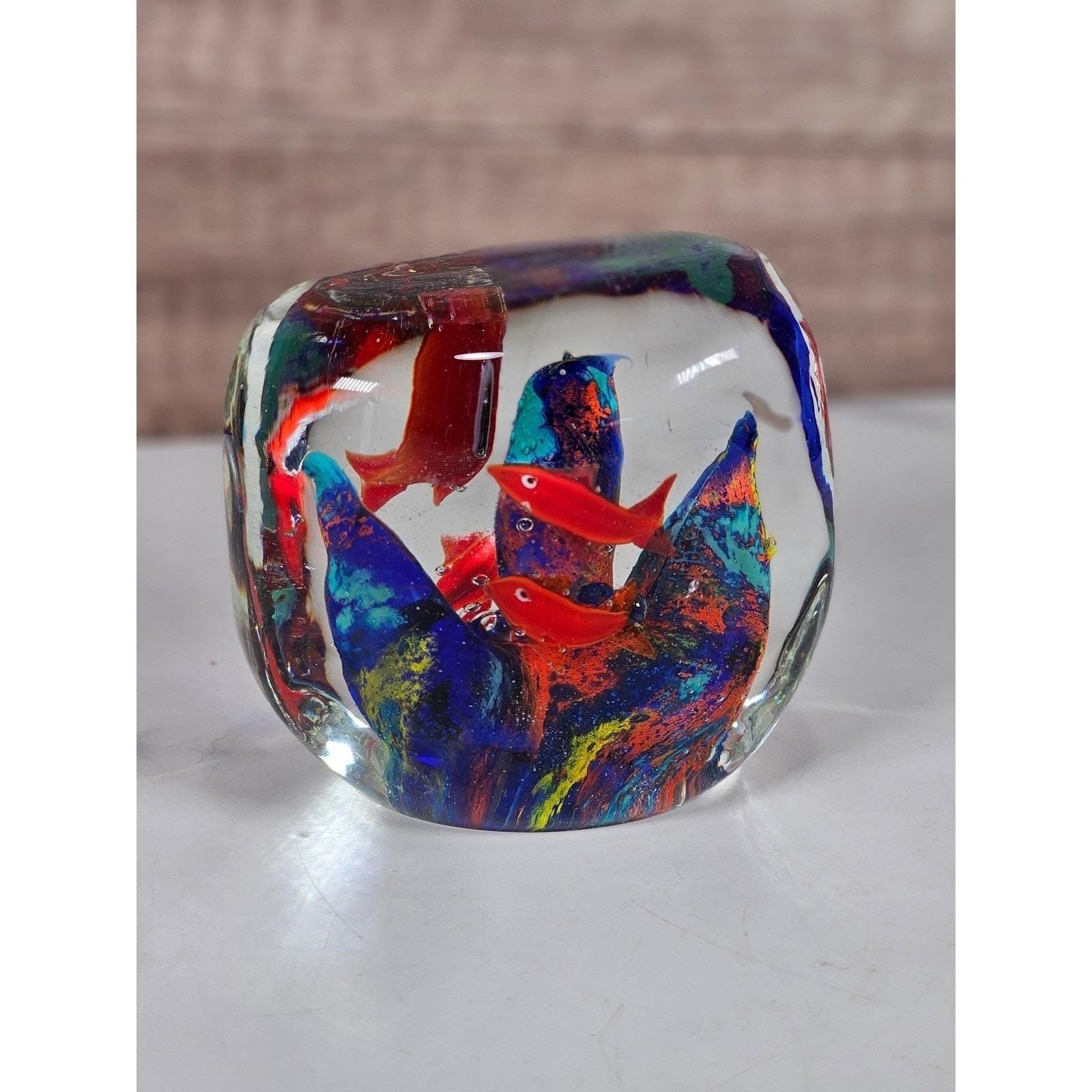 Vintage Art Glass Paperweight Red Fish Aquarium Coastal Decor