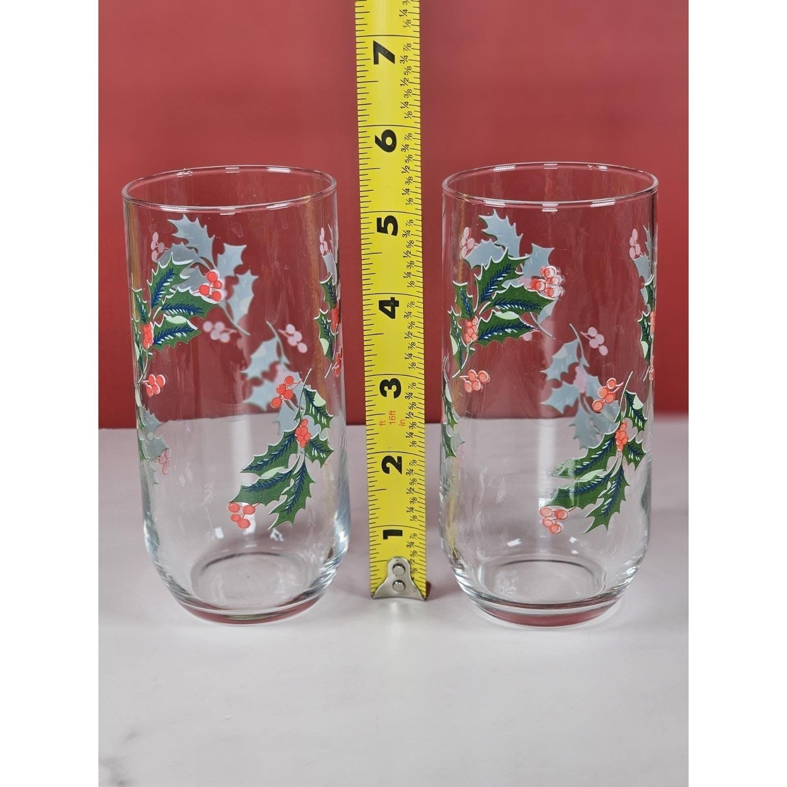 Vintage Indiana Glass Christmas Holly Tumblers Set of 2 Holiday Glasses