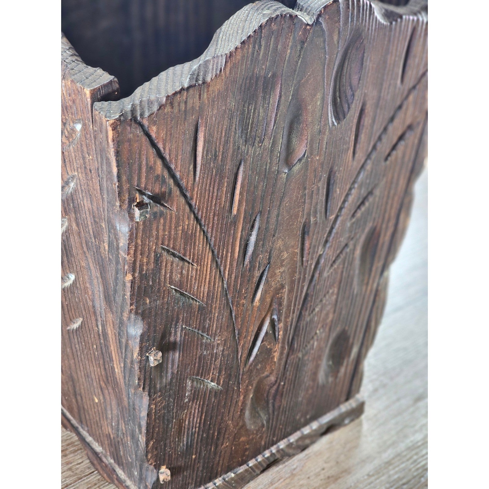 Hand-Carved Rustic Wood Box with Iron Nails | Primitive Farmhouse Decor