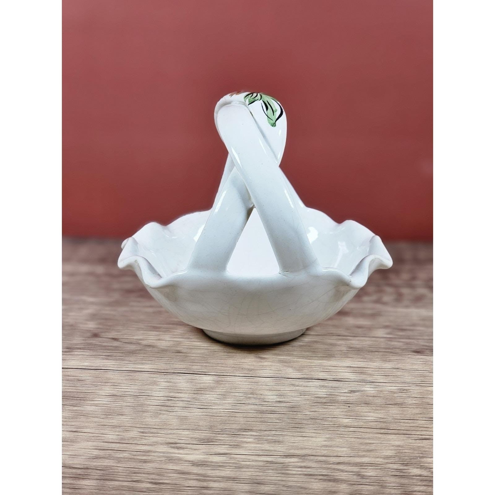 Vintage Portuguese Hand Painted Ceramic Basket with Floral Design