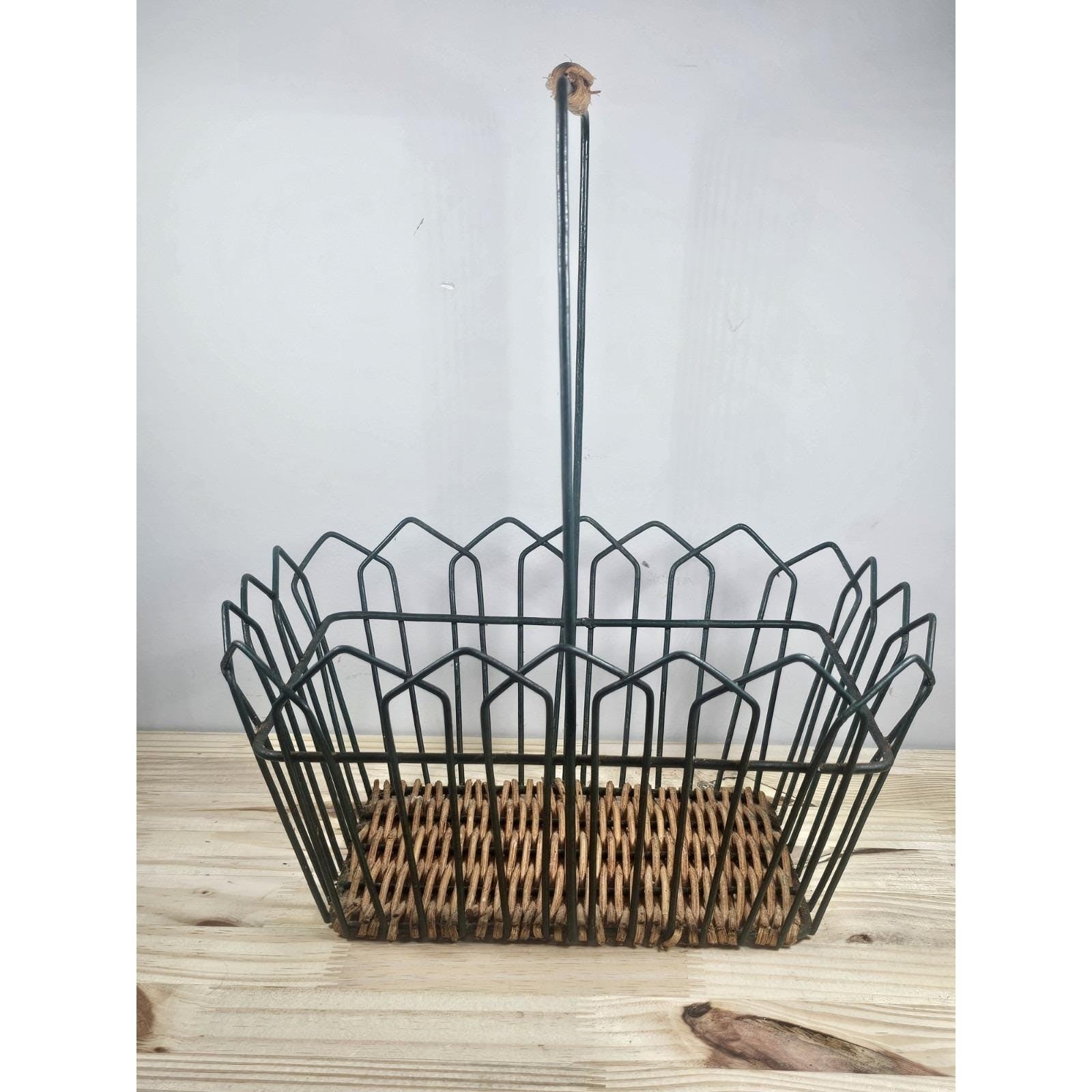 Vintage Rattan Basket with Black Metal Frame Rustic Storage Decor