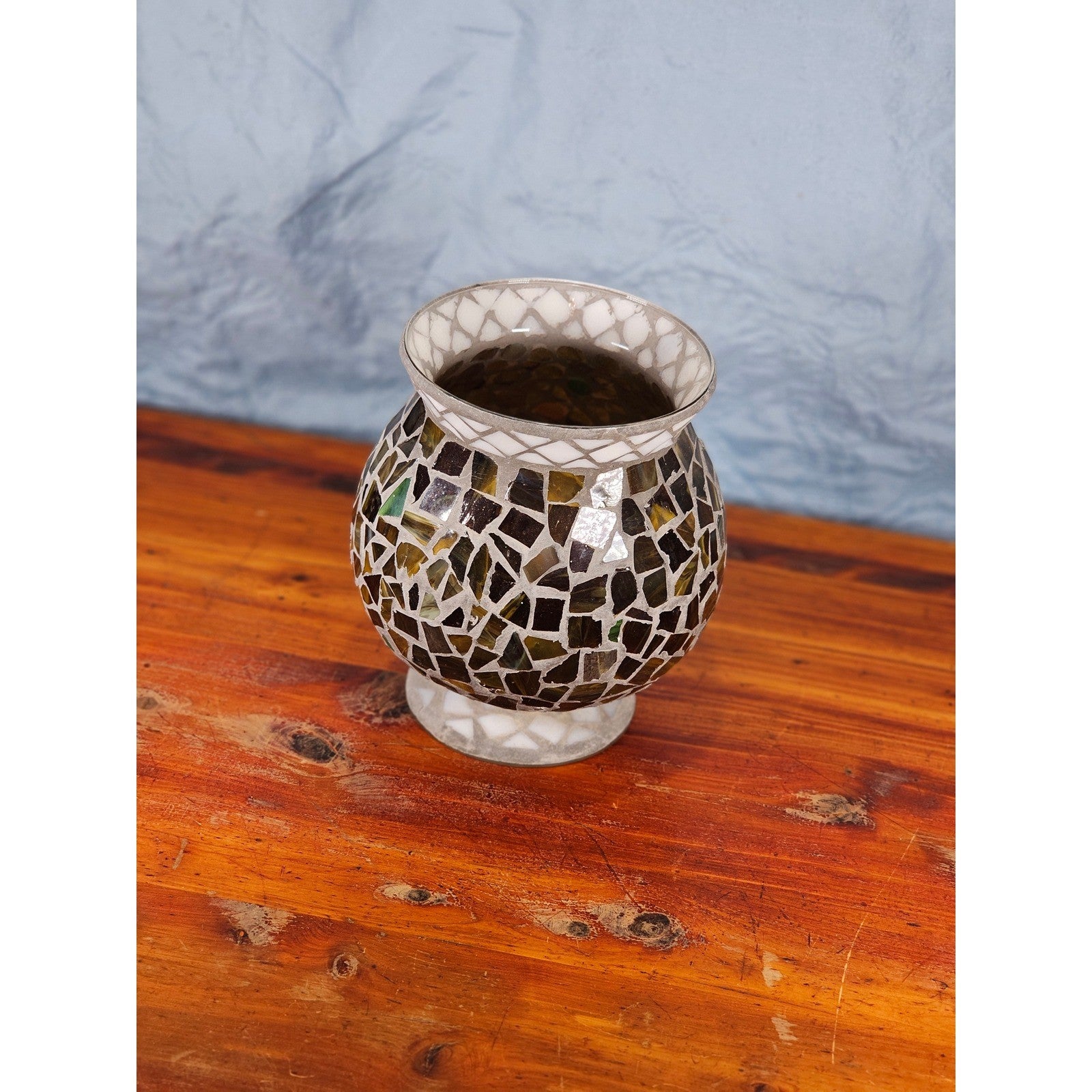 Home Interiors Mosaic Glass Pedestal Vase Amber Green Decorative Footed Vase