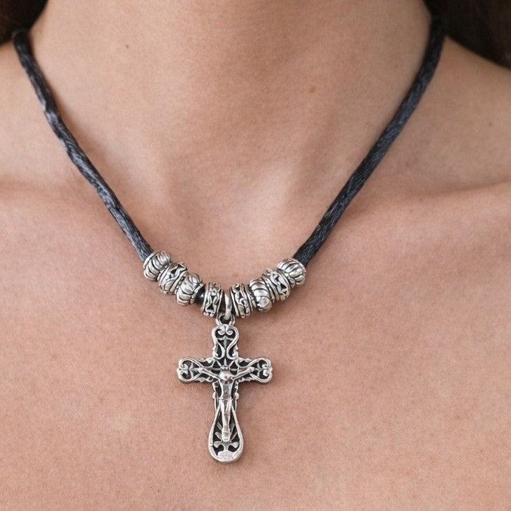 Vintage Silver Tone Cross Necklace Black Cord Beaded Accent