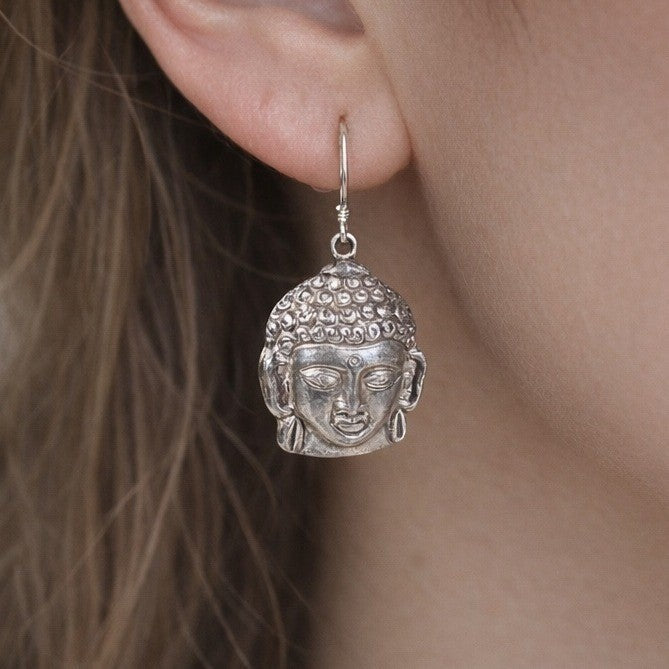 Vintage Sterling Buddha Head Dangle Earrings Spiritual Boho