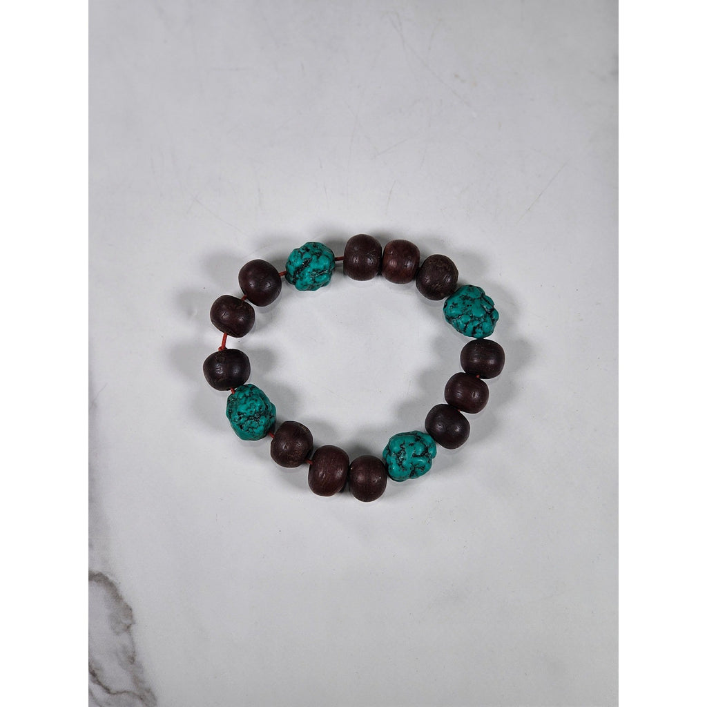 Vintage Wood & Turquoise Bead Stretch Bracelet Rustic Boho