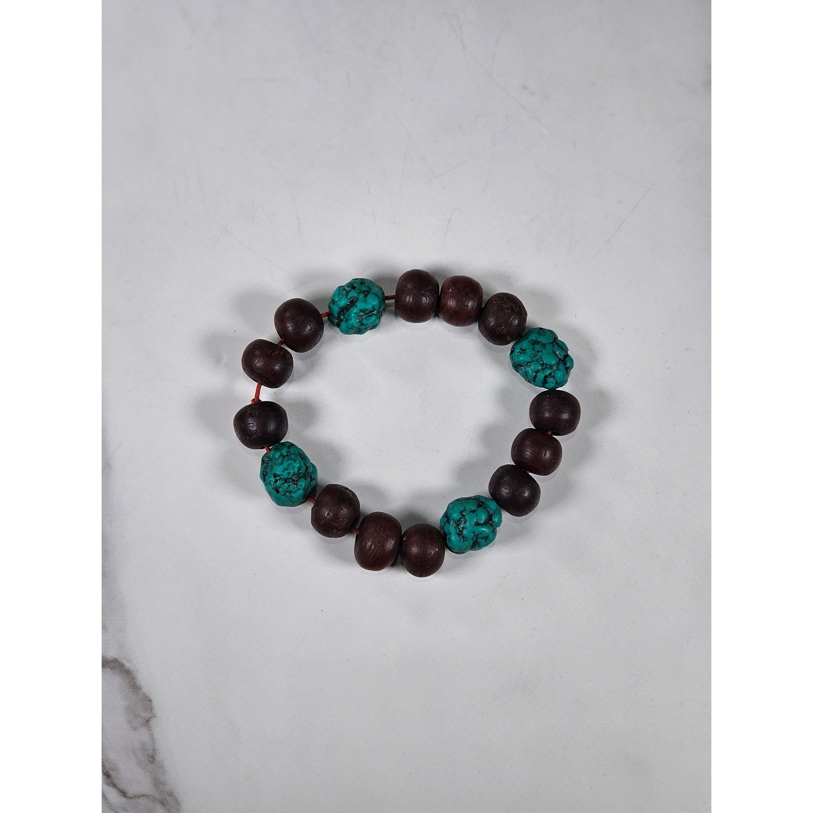 Vintage Wood & Turquoise Bead Stretch Bracelet Rustic Boho