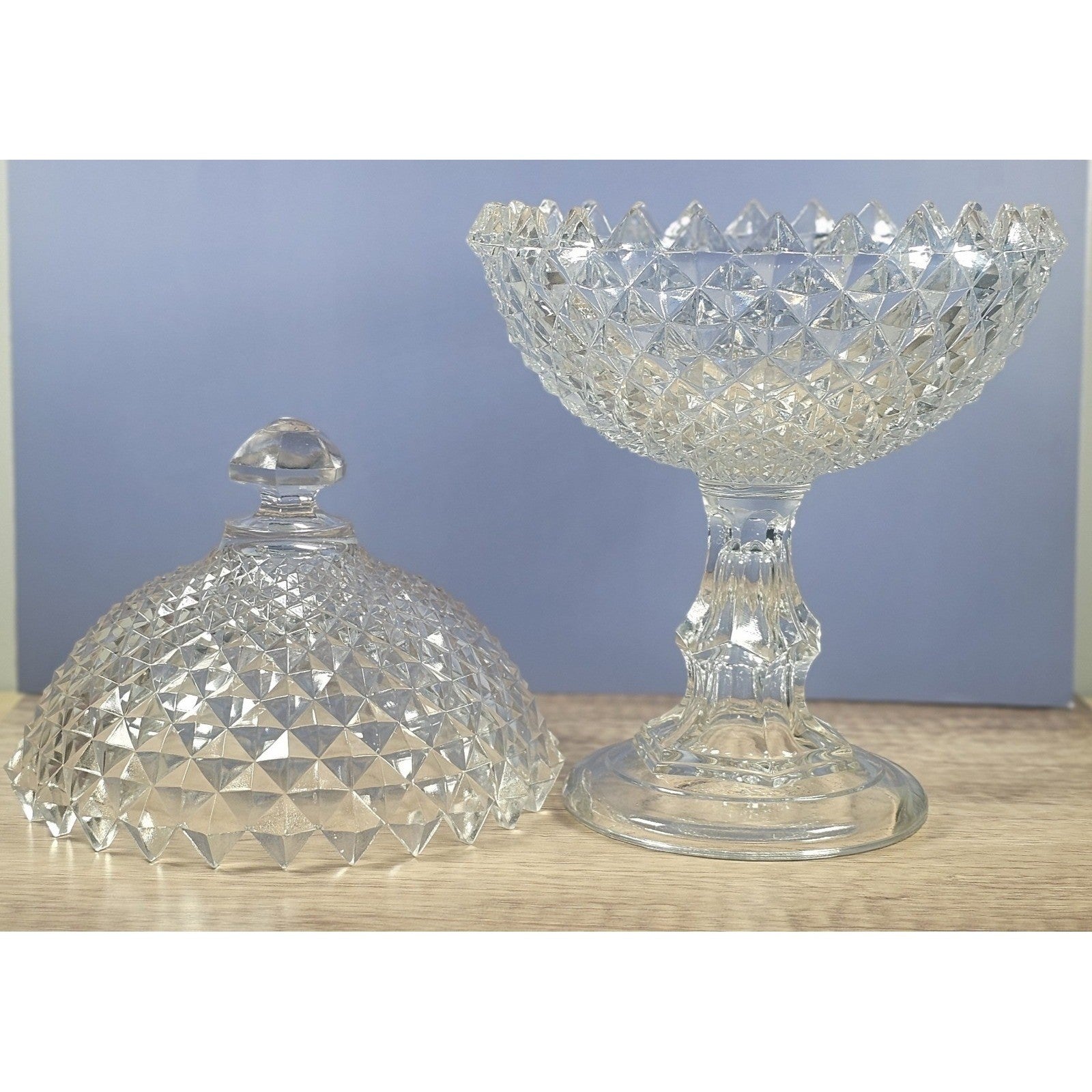 Vintage Saw Tooth Diamond Clear Flint Glass Pedestal Compote With Lid
