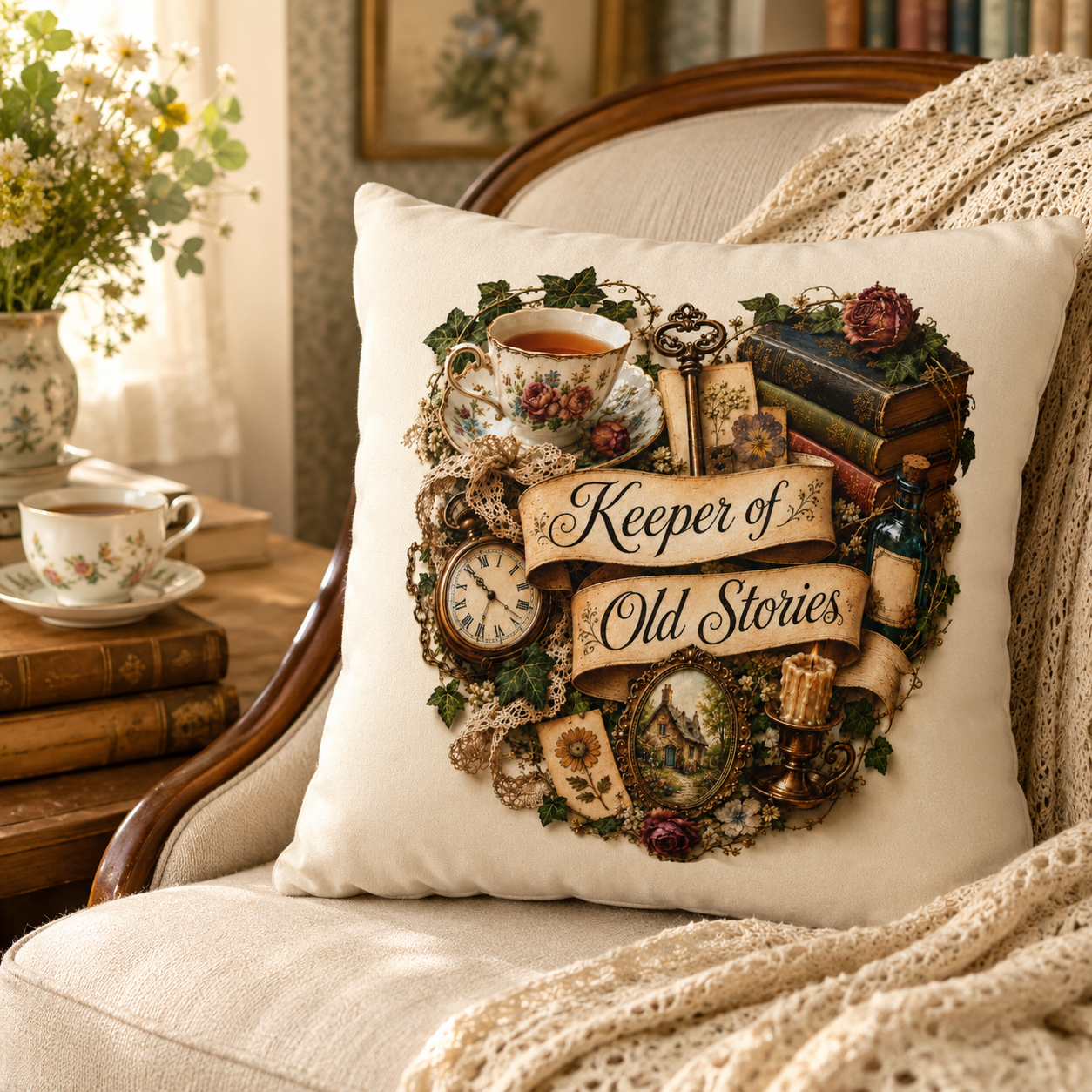Keeper of Old Stories Pillowcase, Vintage Inspired Book Lover Decor