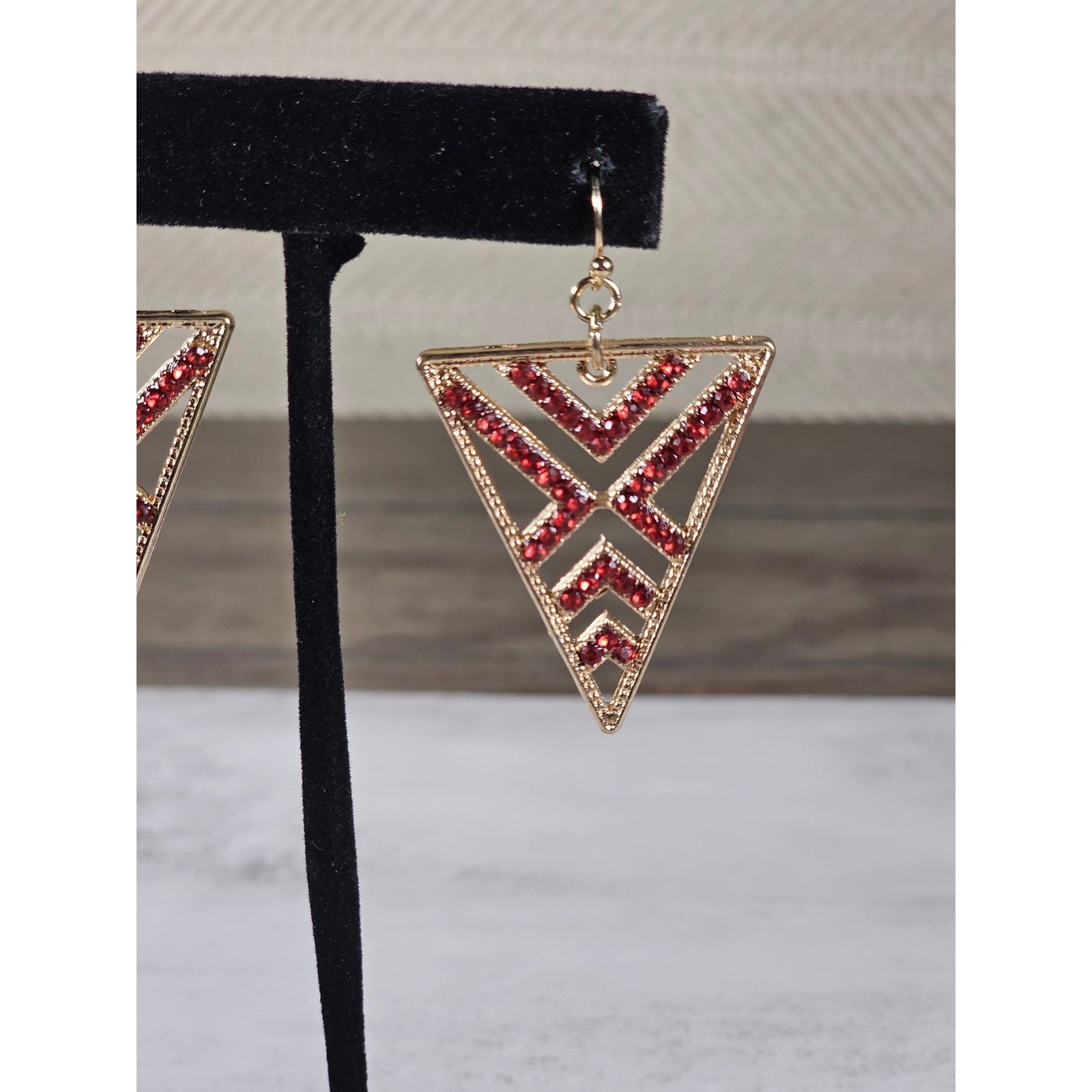 Gold Tone Red Rhinestone Triangle Dangle Earrings Geometric