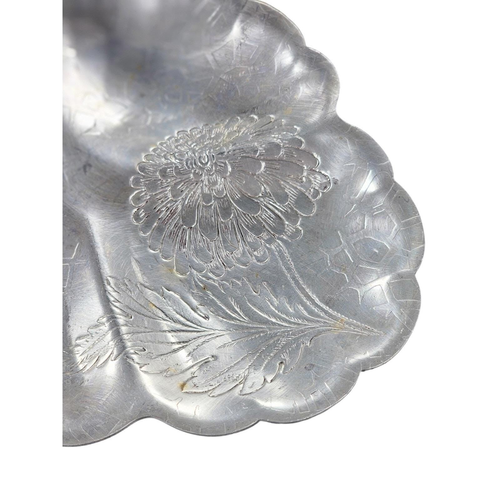 Vintage Forman Etched Aluminum Tray Oval Floral Sectioned Serving Tray 9.5"