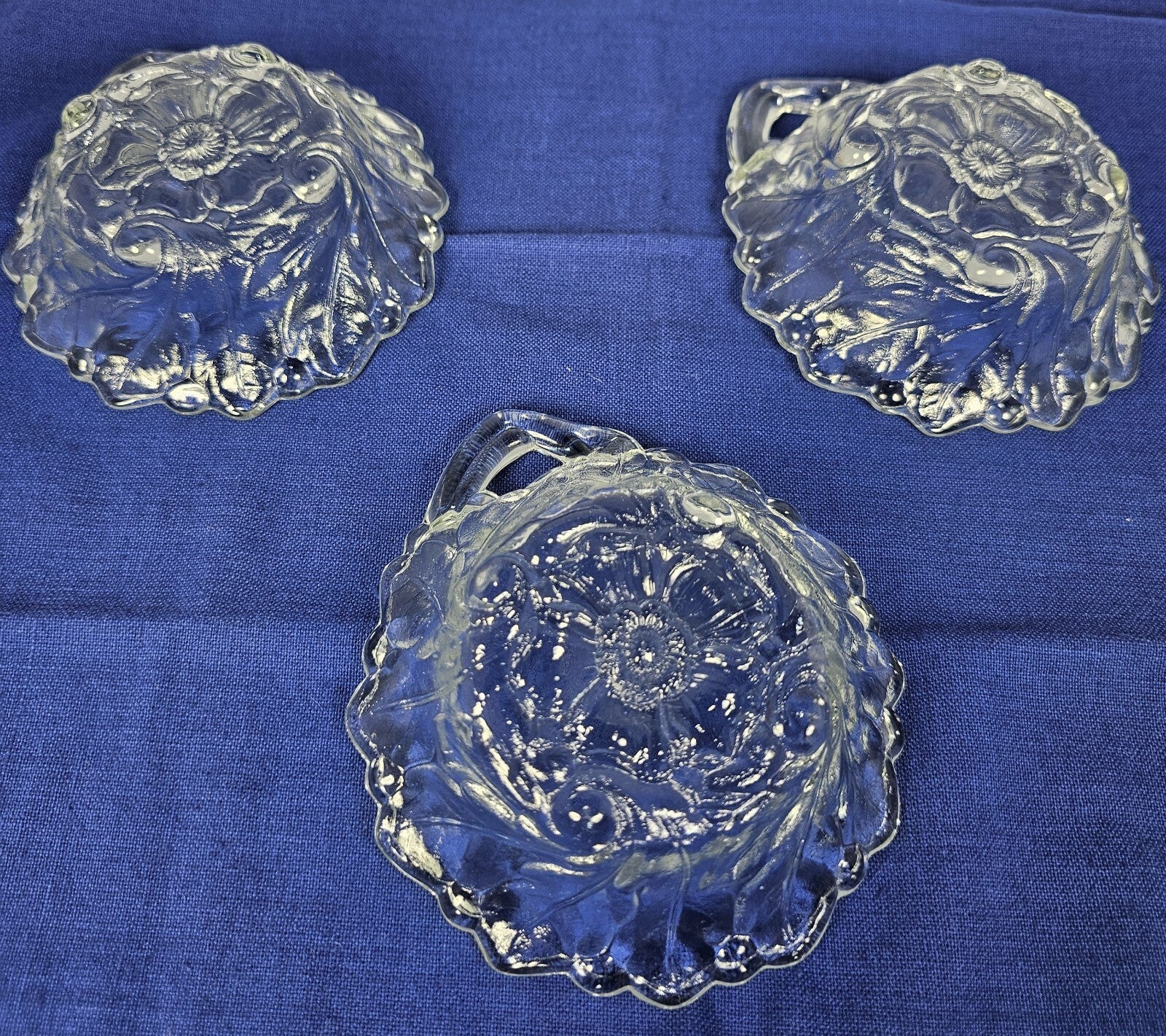 Set of 3, Indiana Glass Clear Wild Rose Handled Nappy 5 1/8" Bowl