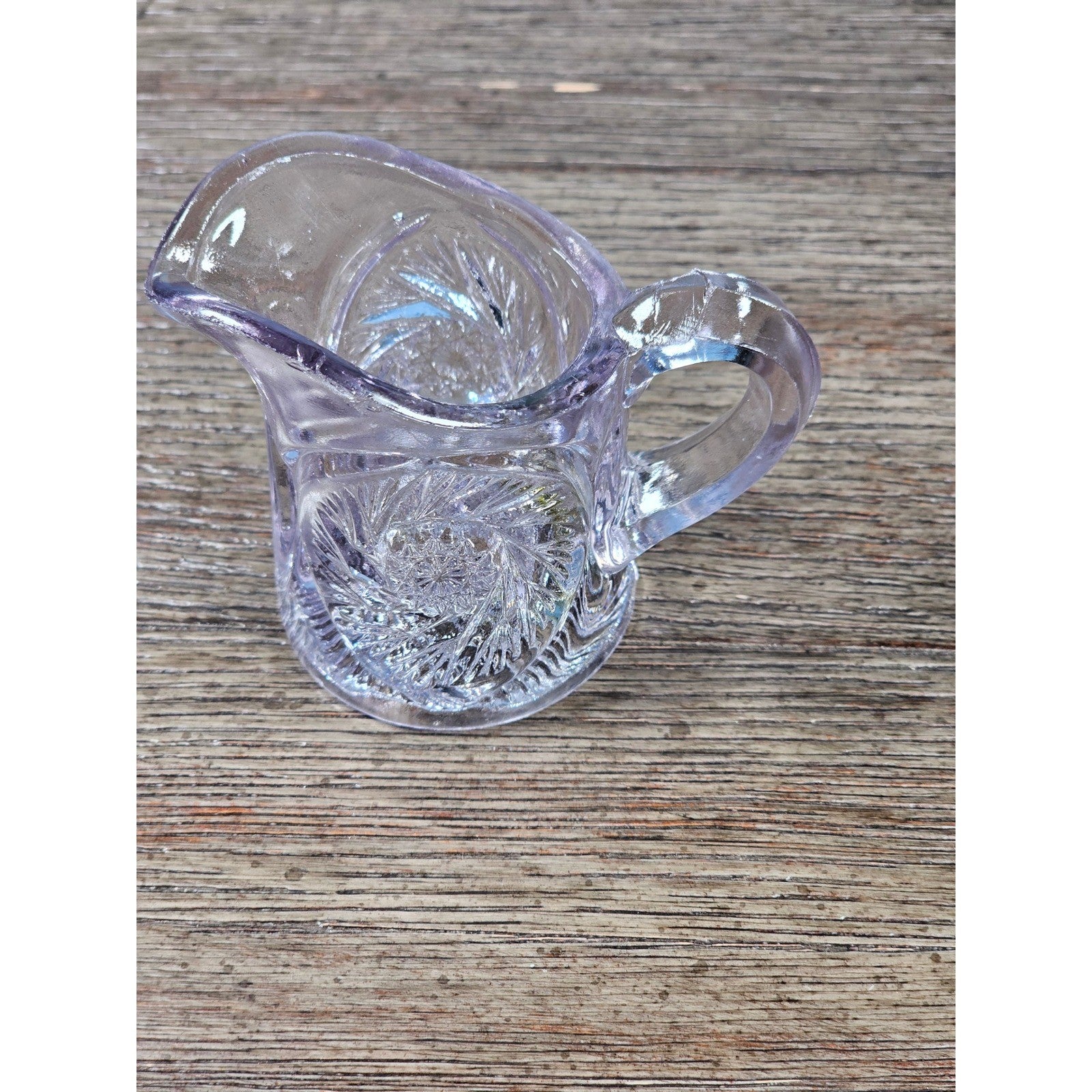 Vintage Cut Glass Mini Creamer Pitcher Starburst Swirl Chipped Rim 2.3in