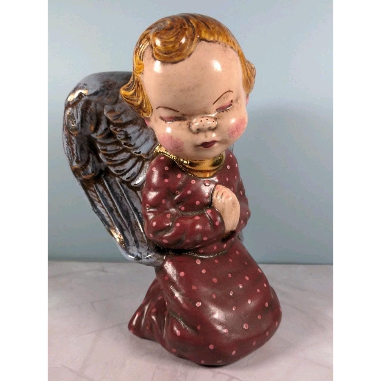 Vintage Kneeling Angel Planter Vase Ceramic Polka Dot