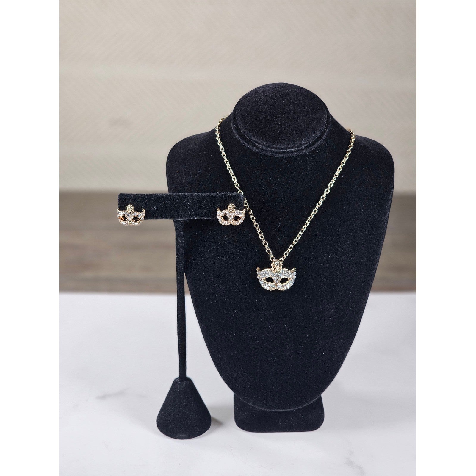 Mardi Gras Mask Necklace Earrings Set Gold Tone Rhinestone