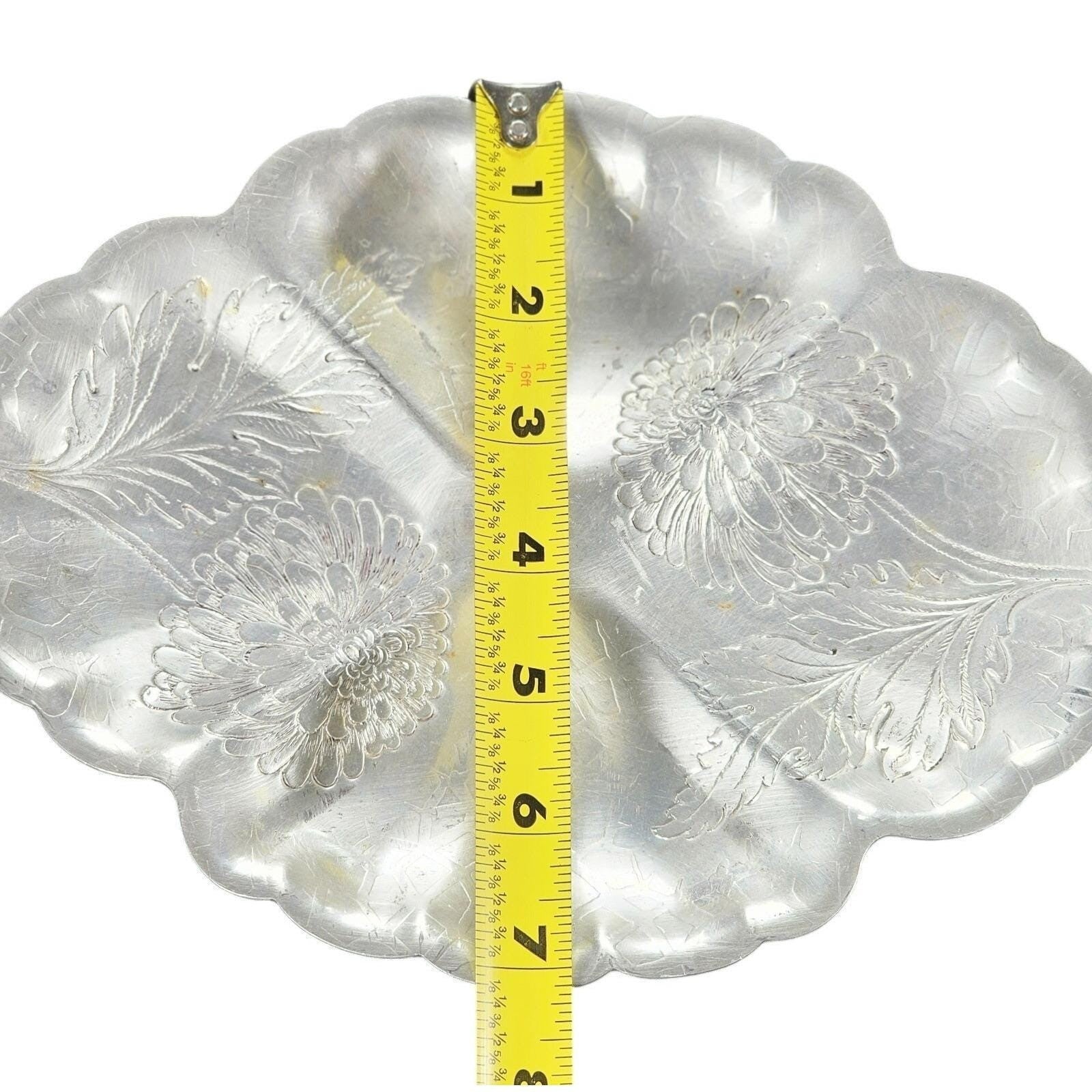 Vintage Forman Etched Aluminum Tray Oval Floral Sectioned Serving Tray 9.5"