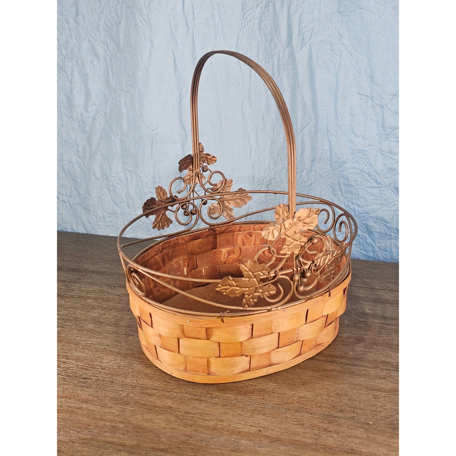 Vintage Woven Basket with Metal Leaf Handle Rustic Farmhouse Decor