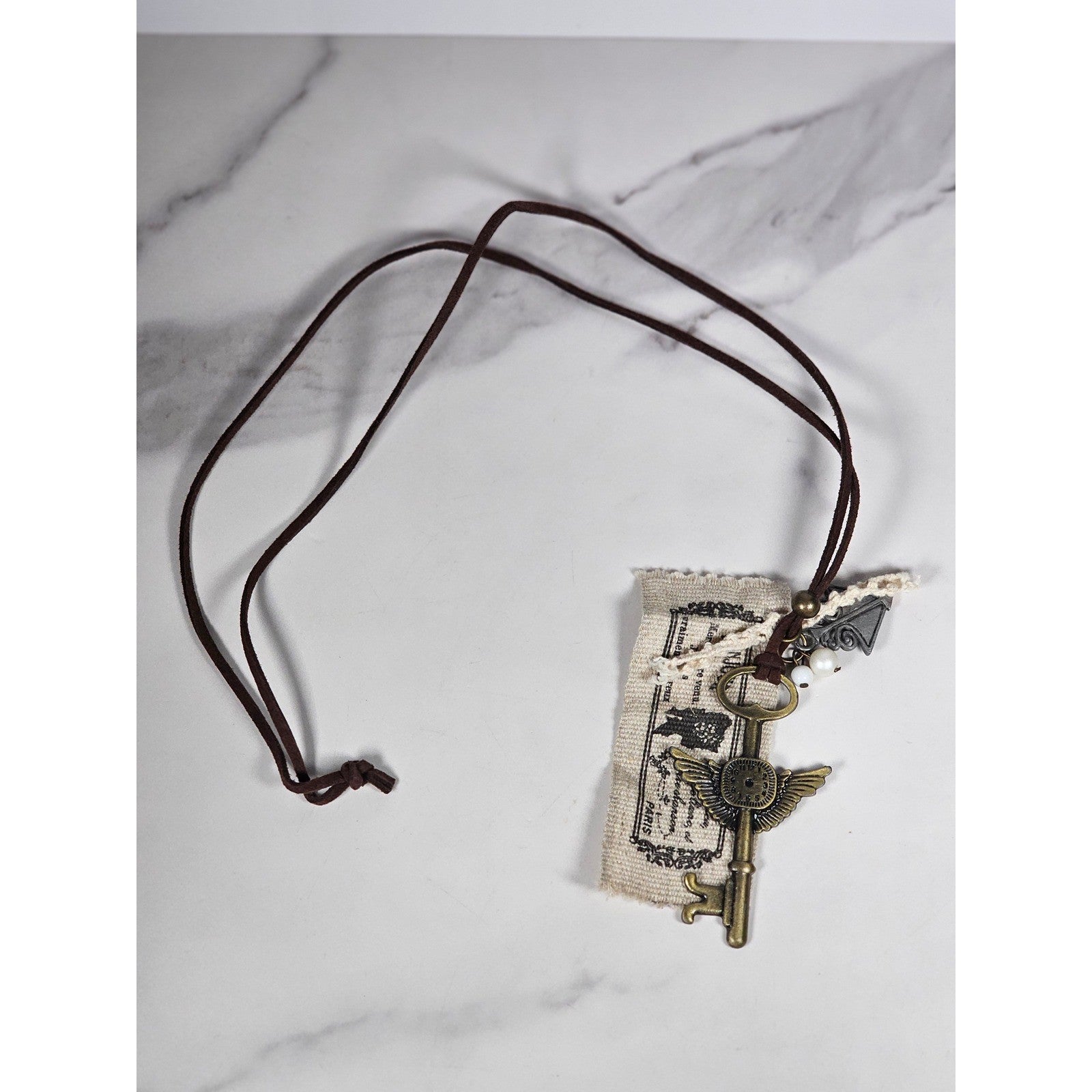 Vintage Style Winged Key Necklace on Suede Cord with Fabric Tag Charms